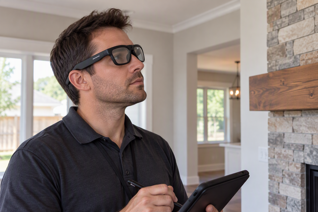 A solo real estate appraiser wearing black camera glasses pauses during a home walkthrough to document a room.
