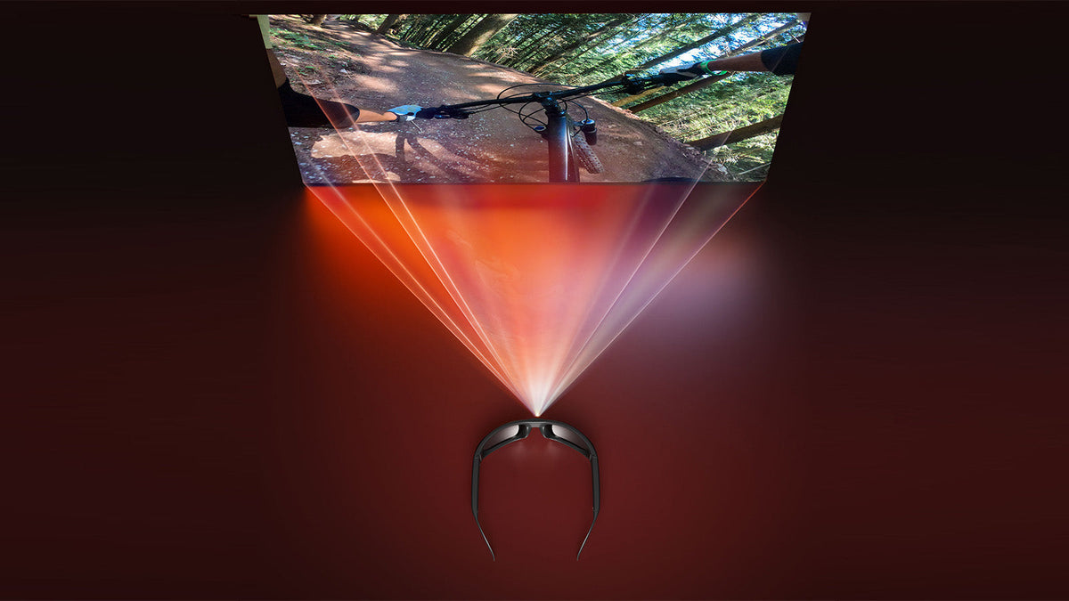 Camera glasses projecting a first-person view video of a mountain bike trail ride