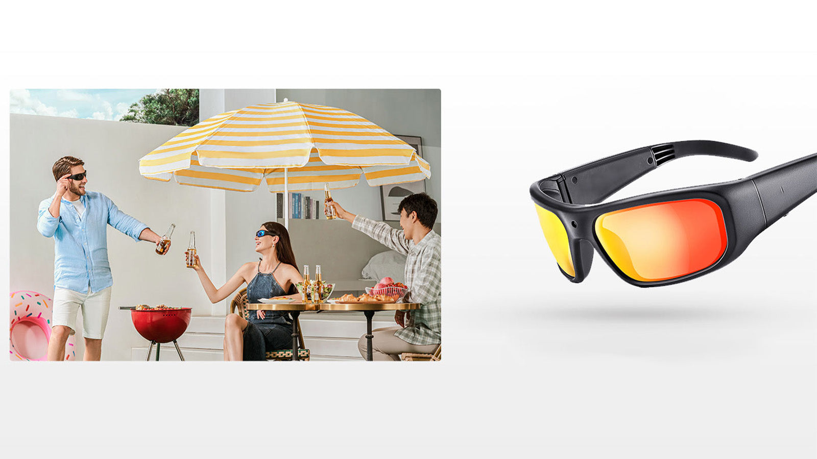 Friends at an outdoor BBQ party next to a close-up of sporty camera sunglasses with red-orange mirrored lenses