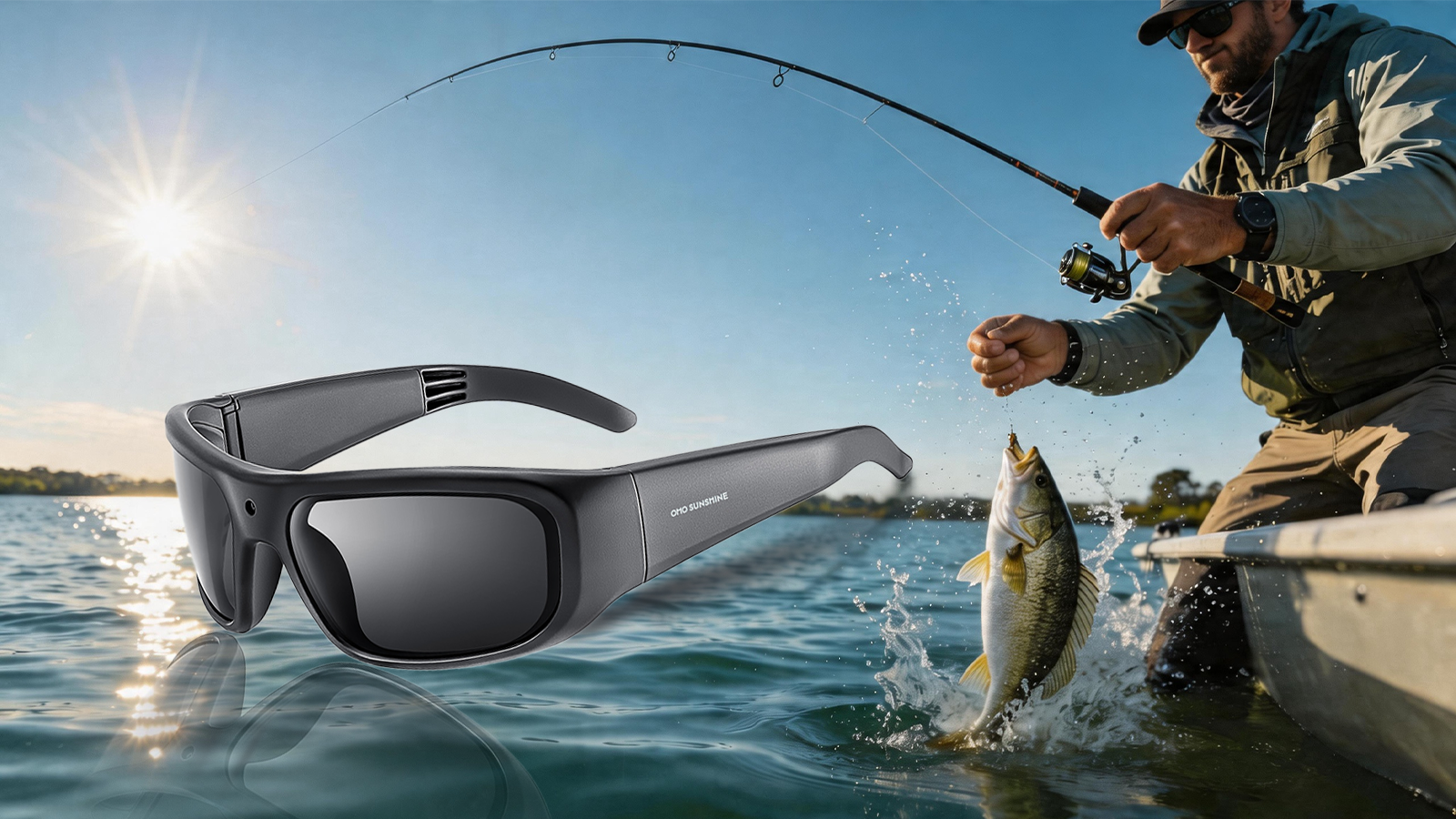 Fisherman reeling in a fish with black polarized sunglasses featured prominently in the foreground