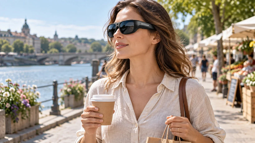 Woman wearing black camera glasses carries coffee and a shopping bag beside a sunny riverside
