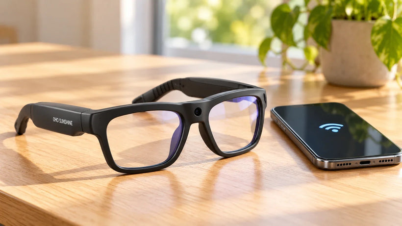 Black camera glasses rest beside a smartphone displaying a blue Wi-Fi symbol on a wooden desk