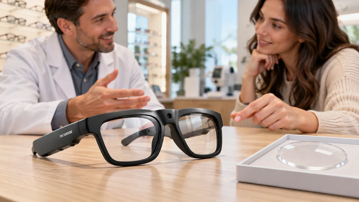 Black smart glasses and a clear lens sit on a counter during an optical consultation