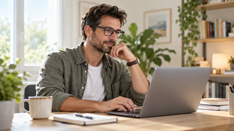 A man wearing black glasses uses a laptop at a wooden desk in a bright home office