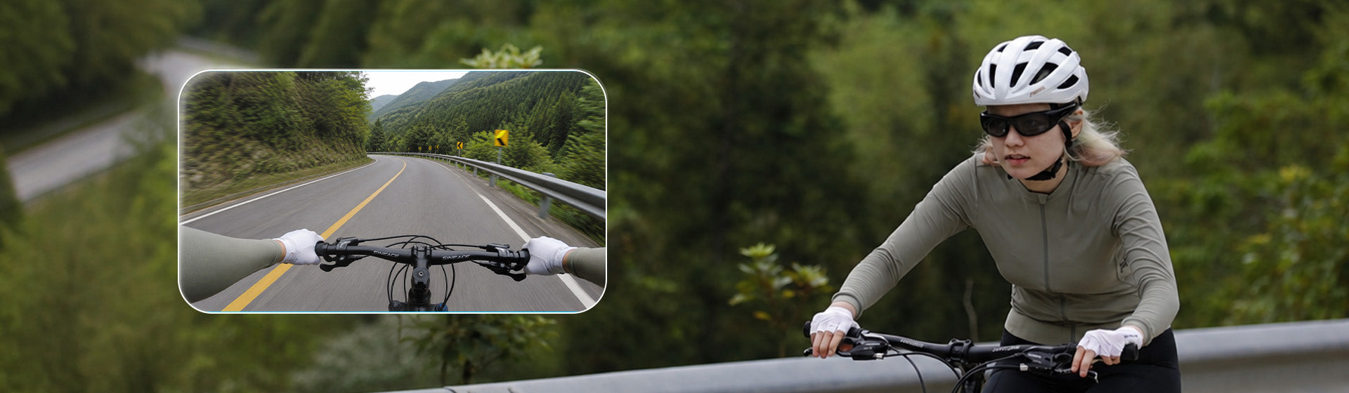 Cyclist on a road beside a preview frame of 2K footage from OhO Sunshine camera glasses