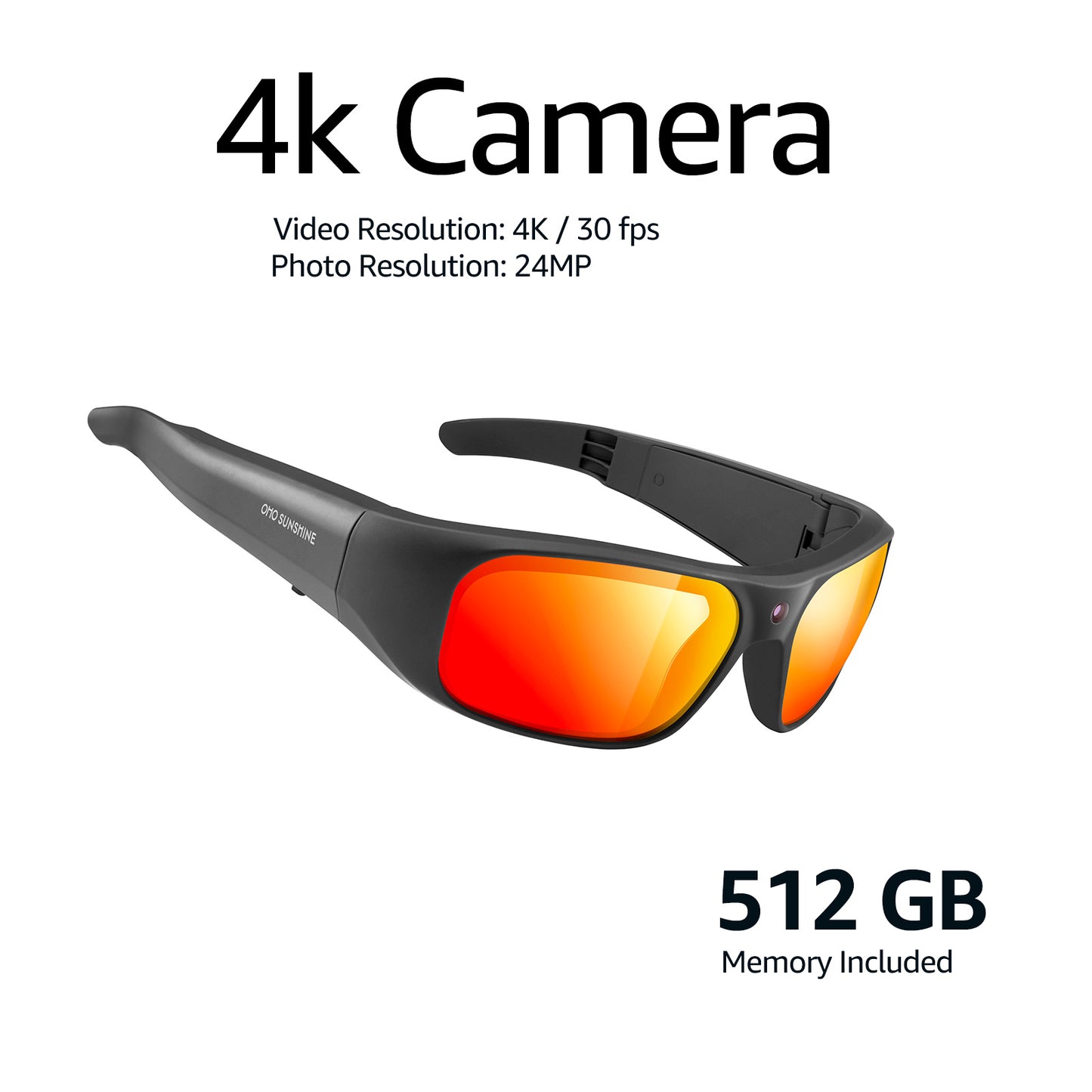 Occhiali da sole OhO Sunshie Brave 4K con fotocamera, memoria da 512 GB e lenti rosse a specchio UV400