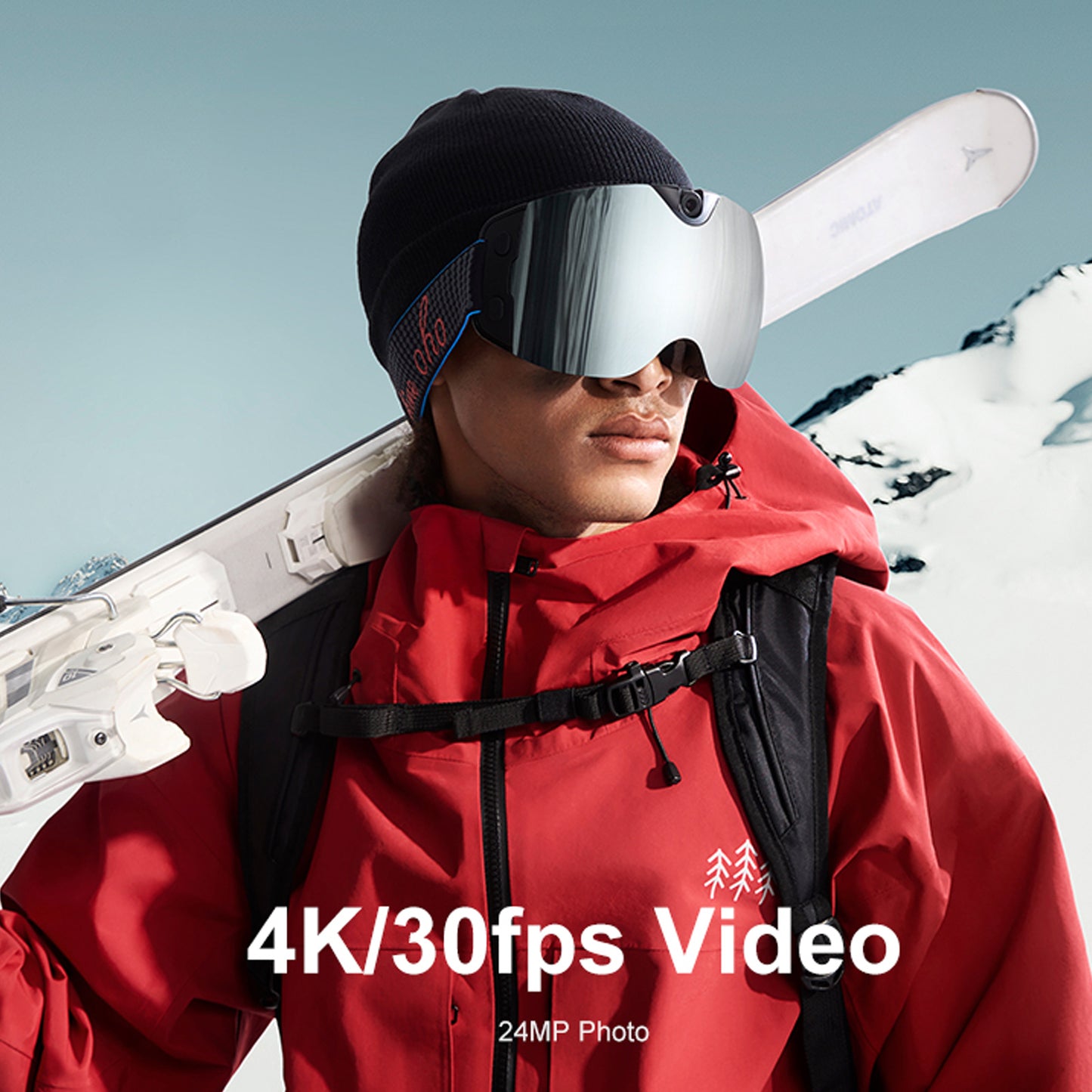 Maschera da sci intelligente OhO Sunshine Skyshot con fotocamera 4K per registrare video Ultra HD e scattare foto con lente argentata