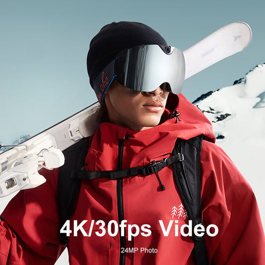 Maschera da sci intelligente OhO Sunshine Skyshot con fotocamera 4K per registrare video Ultra HD e scattare foto con lente argentata