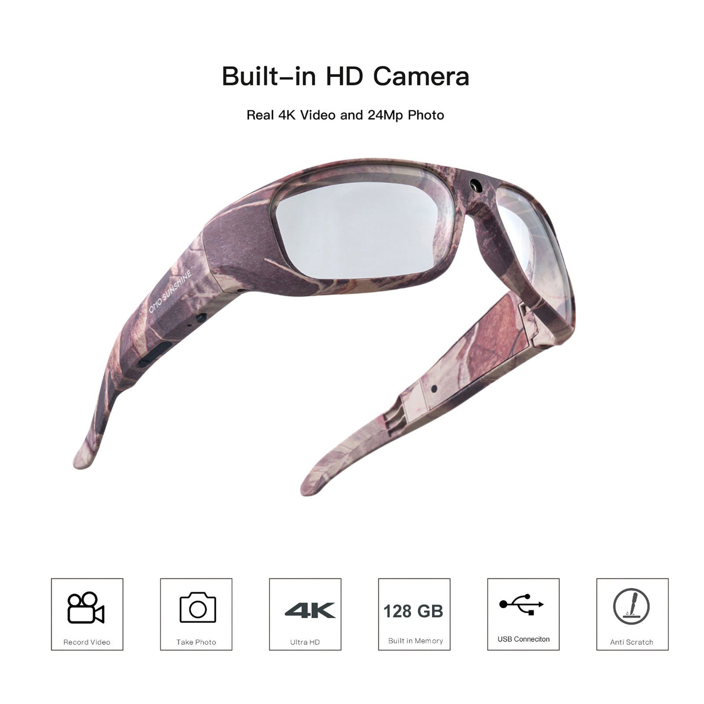 Occhiali da sole mimetici OhO Sunshine con fotocamera 4K da 128 GB per la caccia e le avventure all'aria aperta