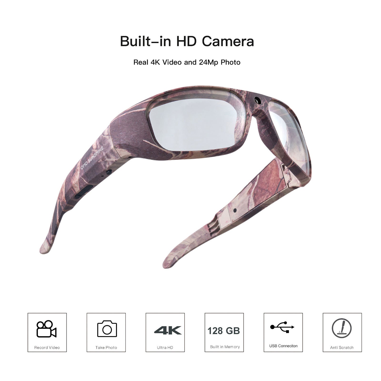 OhO Sunshine Camouflage-Sonnenbrille mit 128 GB 4K-Kamera für die Jagd und Outdoor-Abenteuer