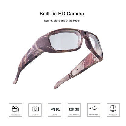 Occhiali da sole mimetici OhO Sunshine con fotocamera 4K da 128 GB per la caccia e le avventure all'aria aperta