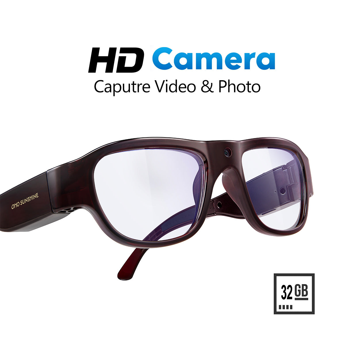 OhO Sunshine Touch Kamera-Sonnenbrille, 32 GB, Full HD 1080P-Videoaufzeichnung, UV400, Blaulichtblockierung und photochrome Linse