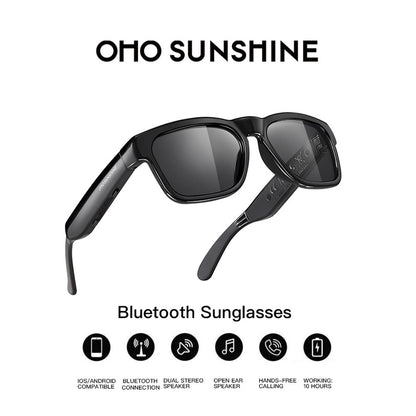 Occhiali audio OhO Sunshine Elite Smart Bluetooth con connessione al telefono cellulare, montatura nera lucida e lenti polarizzate UV400 per lo sport