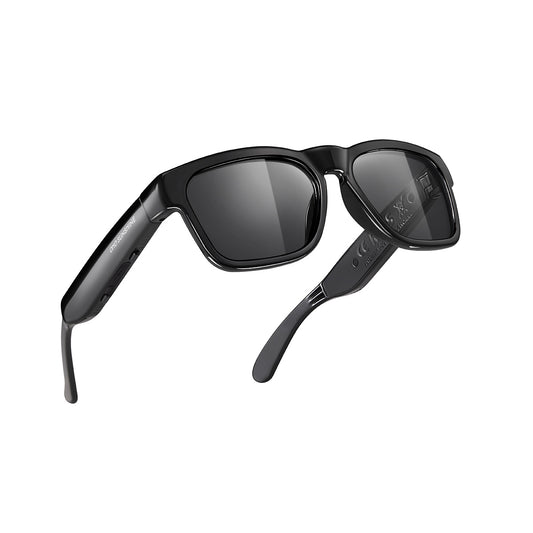 Occhiali audio OhO Sunshine Elite Smart Bluetooth con connessione al telefono cellulare, montatura nera lucida e lenti polarizzate UV400 per lo sport