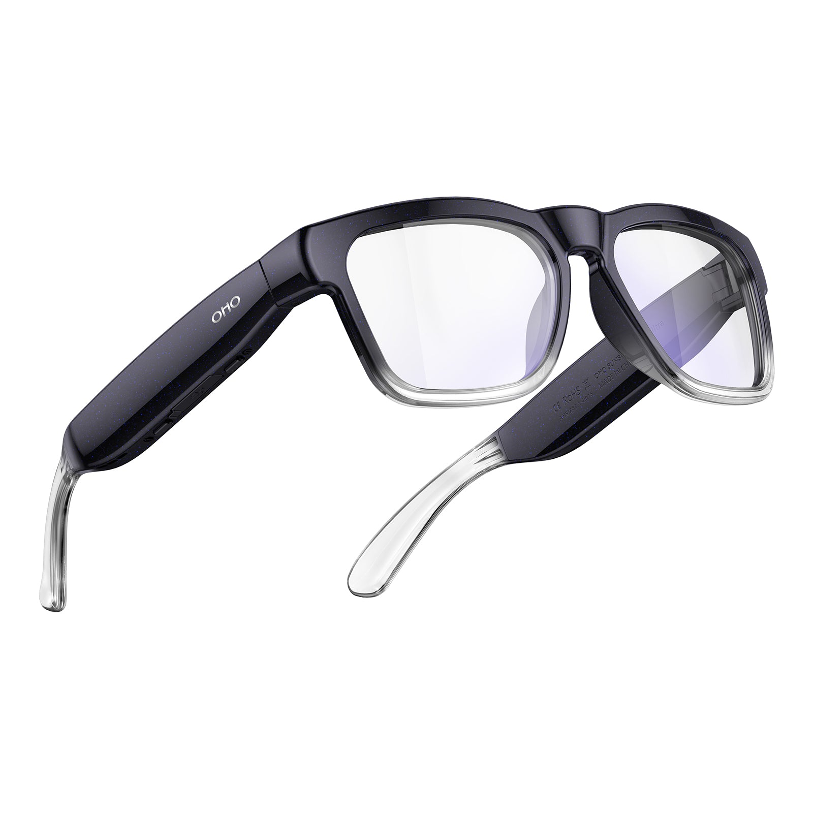 OHO A8Ultra smart glasses with dark speckled frame and clear arms