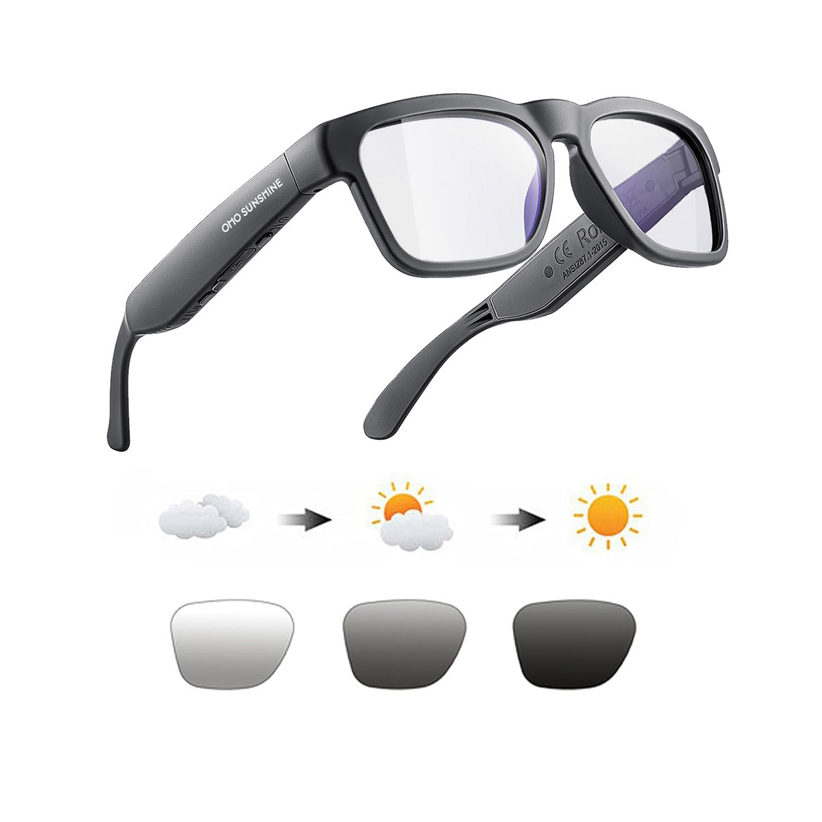 OhO Sunshine Elite Smart Bluetooth Audio Glasses with Blue Light Blocking & Photochromic Lens for Indoor & Outdoor