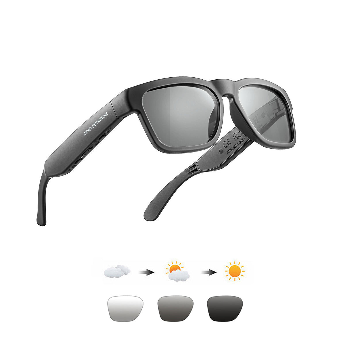 Black smart glasses replacement lenses with photochromic gray tint, pair