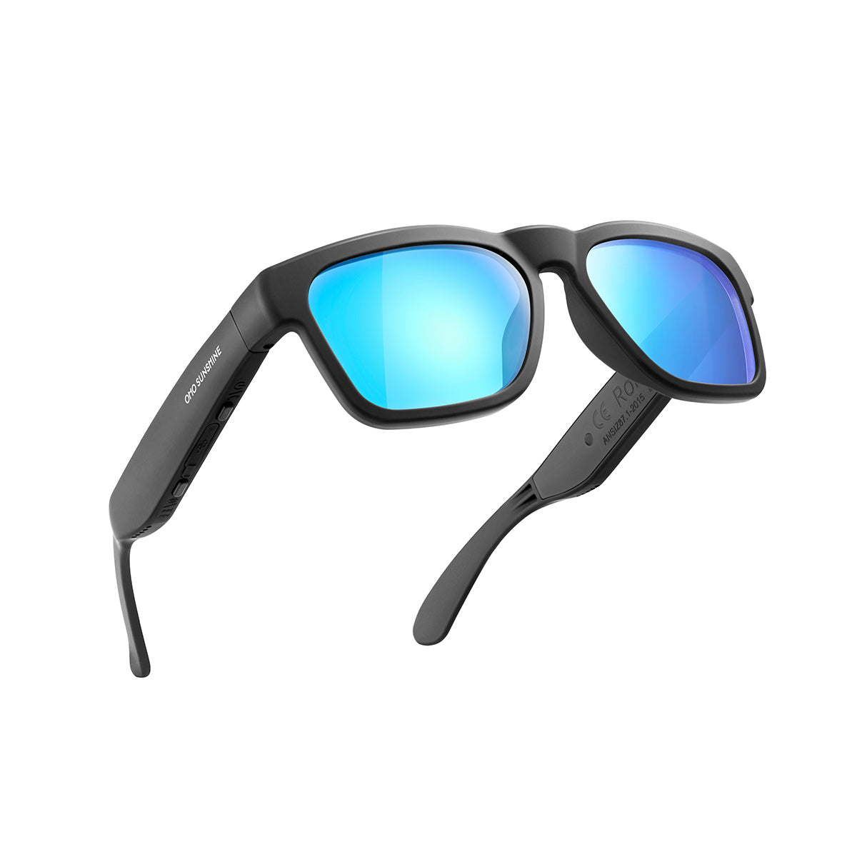 OhO Sunshine Elite smart Bluetooth glasses, polarized blue lenses, CE RO & ANSI Z87.1 certified.
