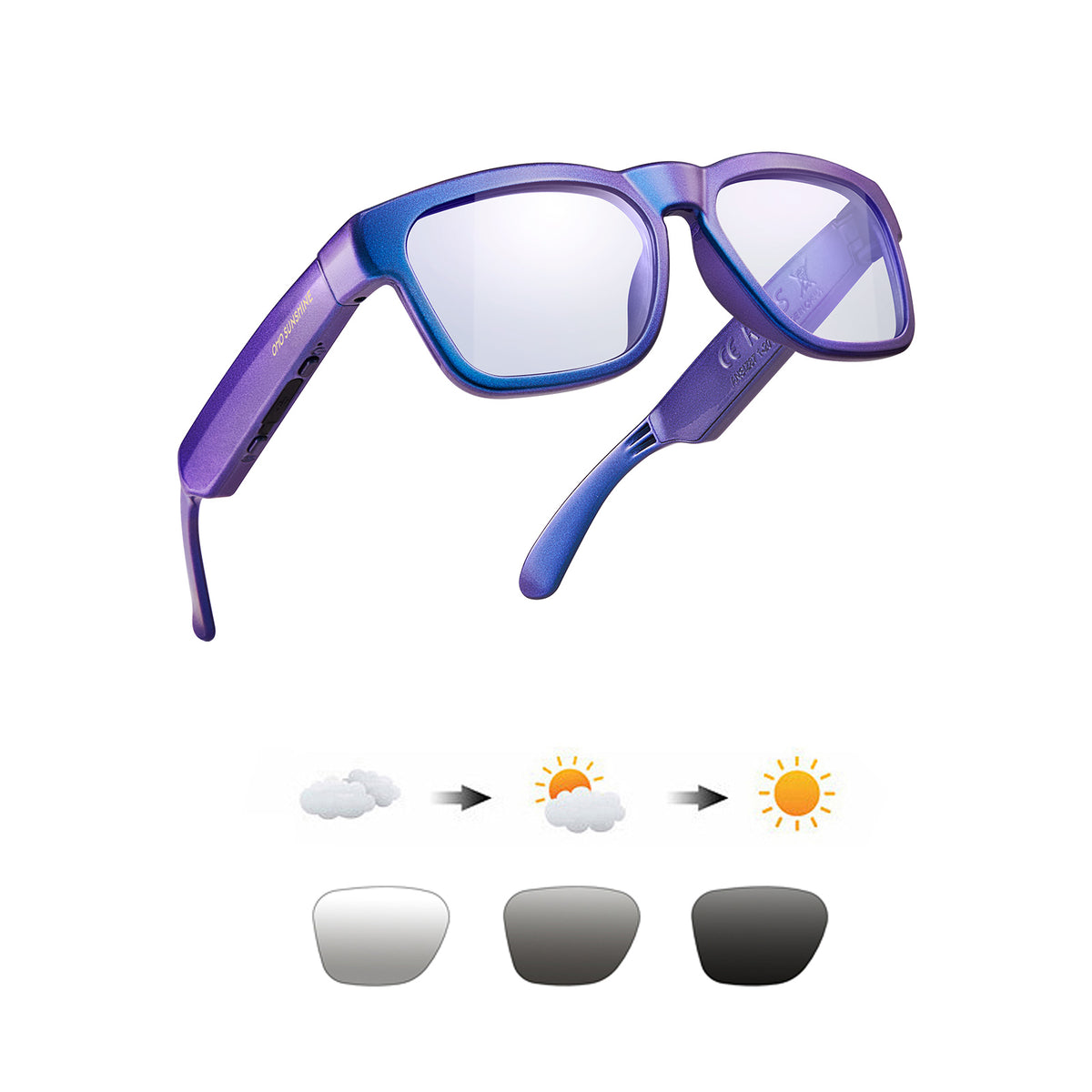 OhO Sunshine Elite smart Bluetooth glasses, polarized, ANSI certified, with accessories.