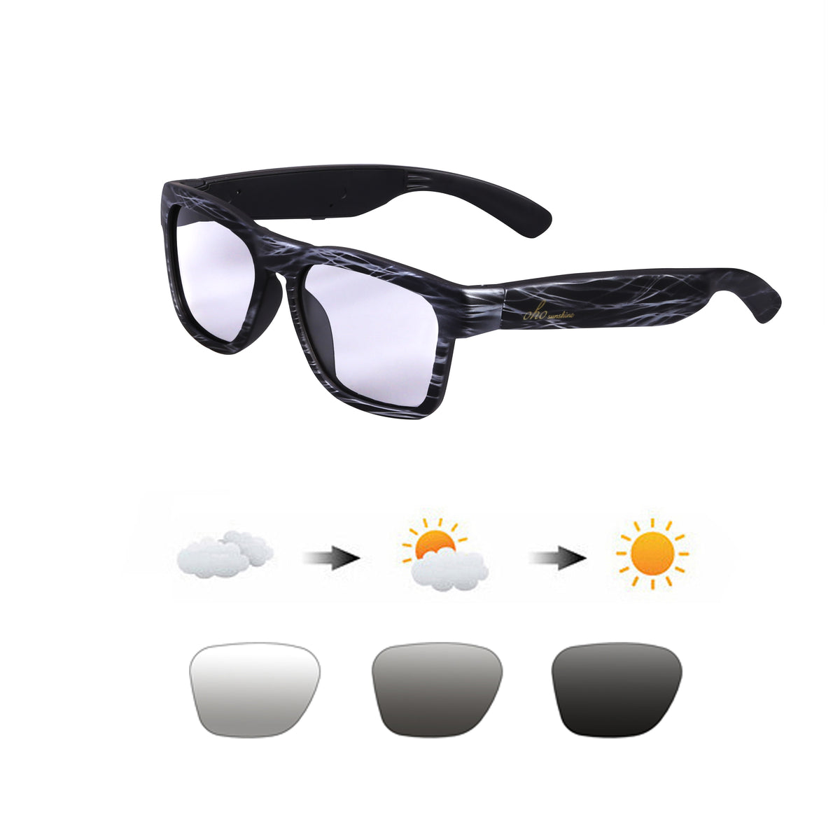 OhO Sunshine Elite occhiali Bluetooth intelligenti, motivo marmo, con pacchetto accessori.