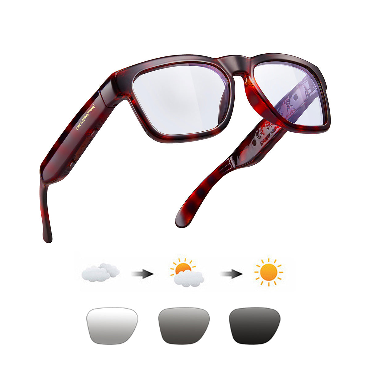 OhO Sunshine Elite smart glasses, tortoiseshell frame, open-ear audio design, with accessories.