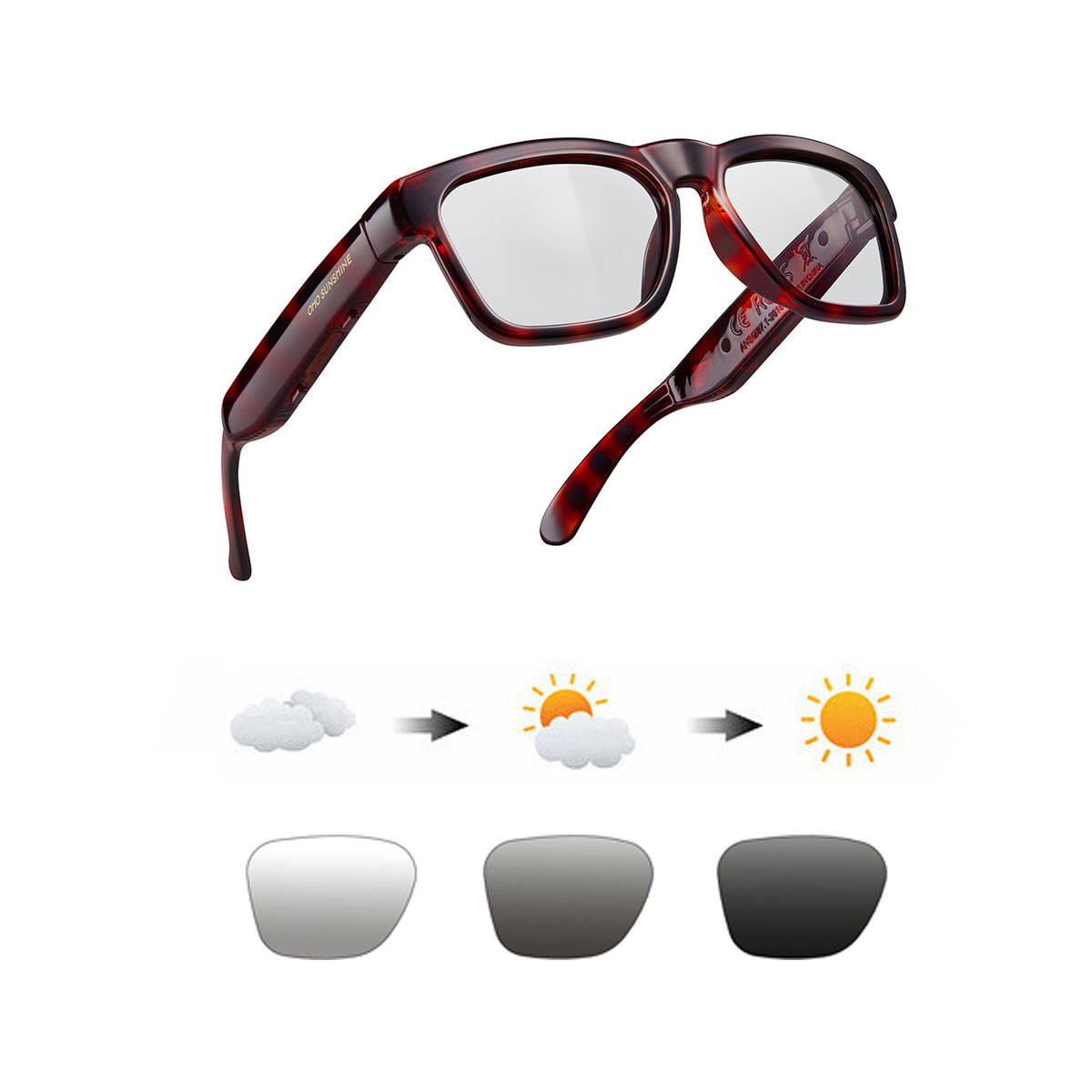 OhO Sunshine Elite Occhiali Bluetooth intelligenti con montatura in tartaruga e lenti che bloccano la luce blu, mostrati con accessori.