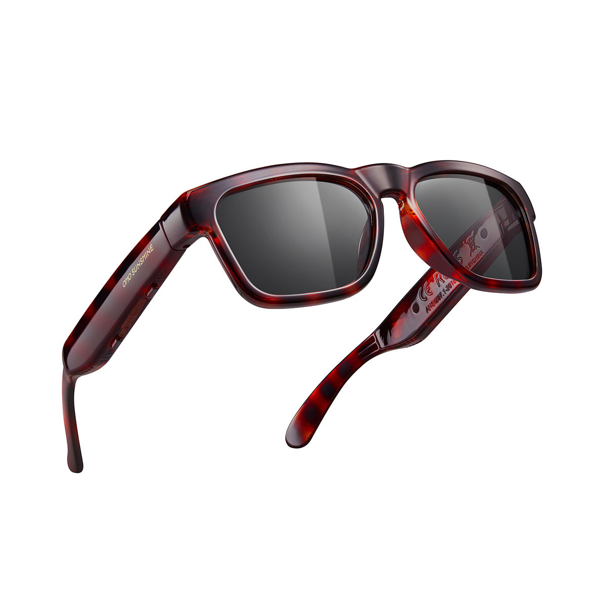 OhO Sunshine polarized smart Bluetooth glasses: tortoiseshell frame, open-ear audio, voice control.