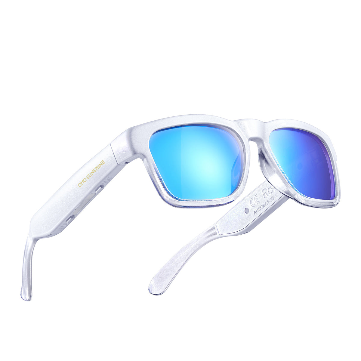 OhO Sunshine Elite Smart Bluetooth Glasses, white frame, blue polarized lenses, with accessories.