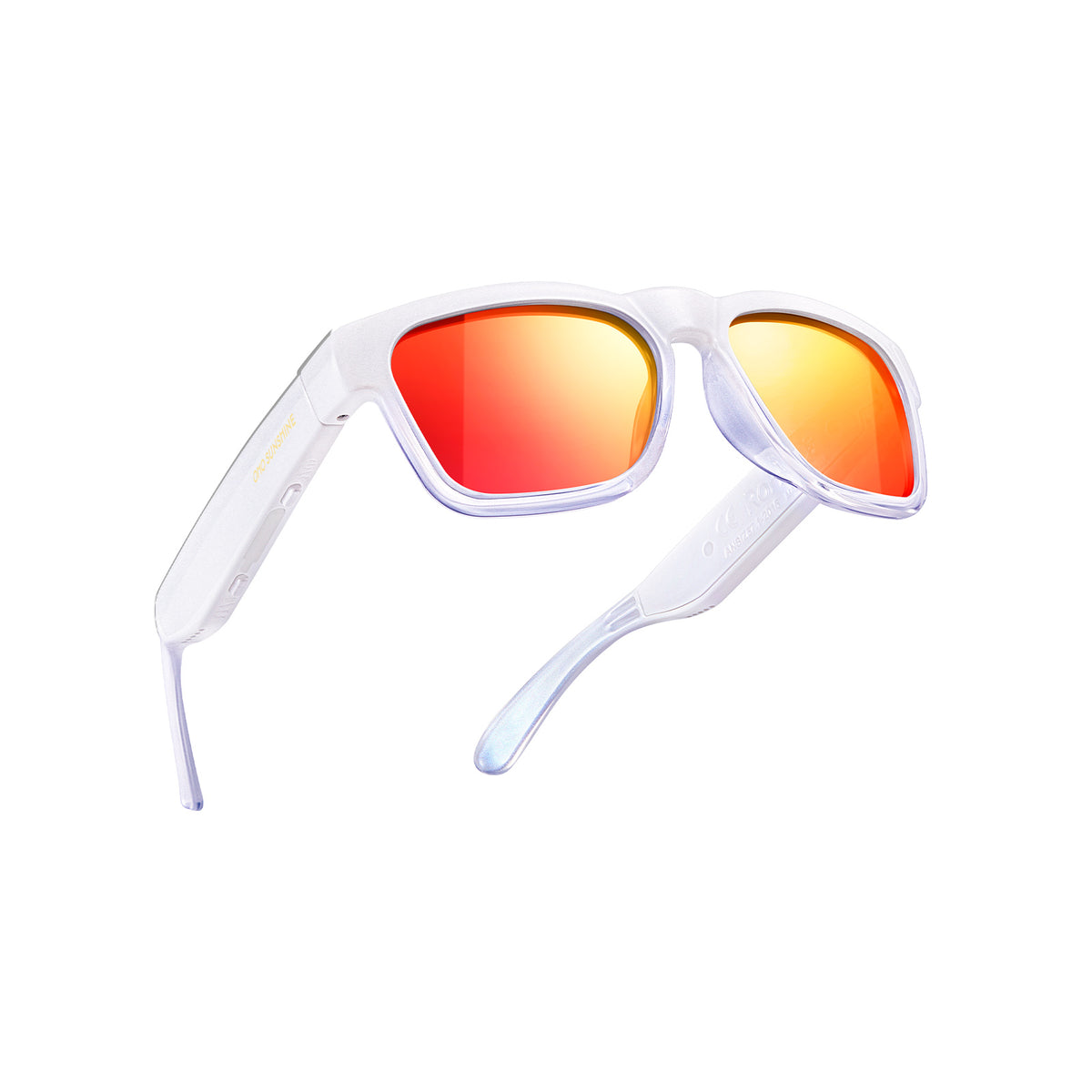 OhO Sunshine Elite smart glasses: white frame, polarized red-orange gradient lenses.