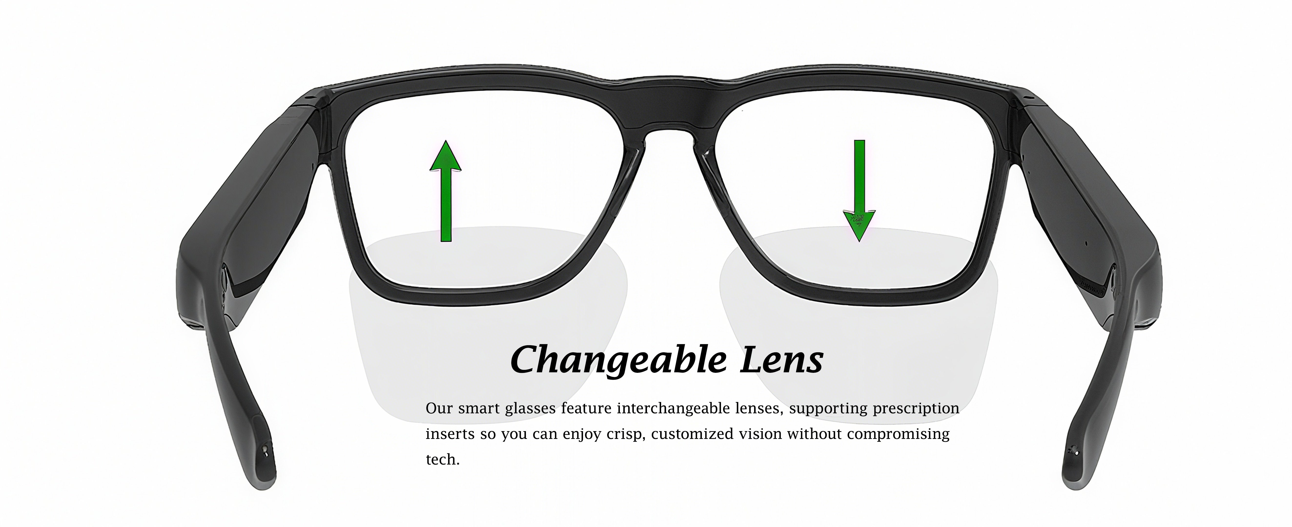 Replacement lenses for Edge/Edge Pro/Livi smart glasses, black frame with changeable lens.