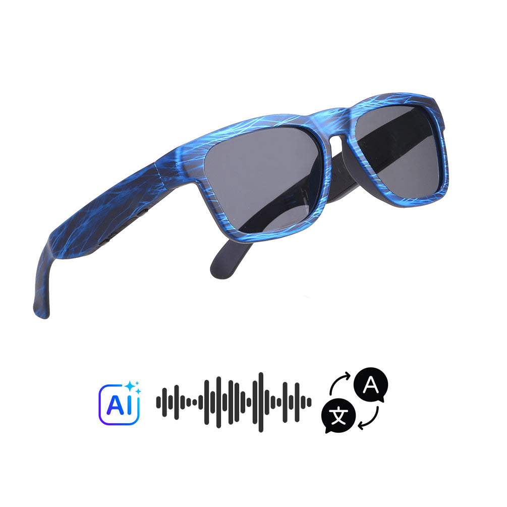 OhO Sunshine Elingo AI translation glasses in a blue striped frame