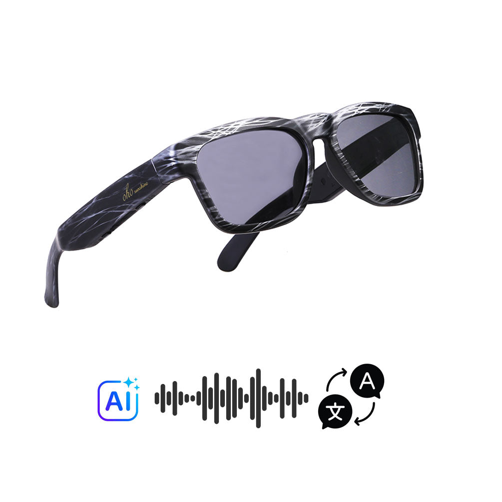 OhO Sunshine Elingo AI translation glasses in a black marbled frame