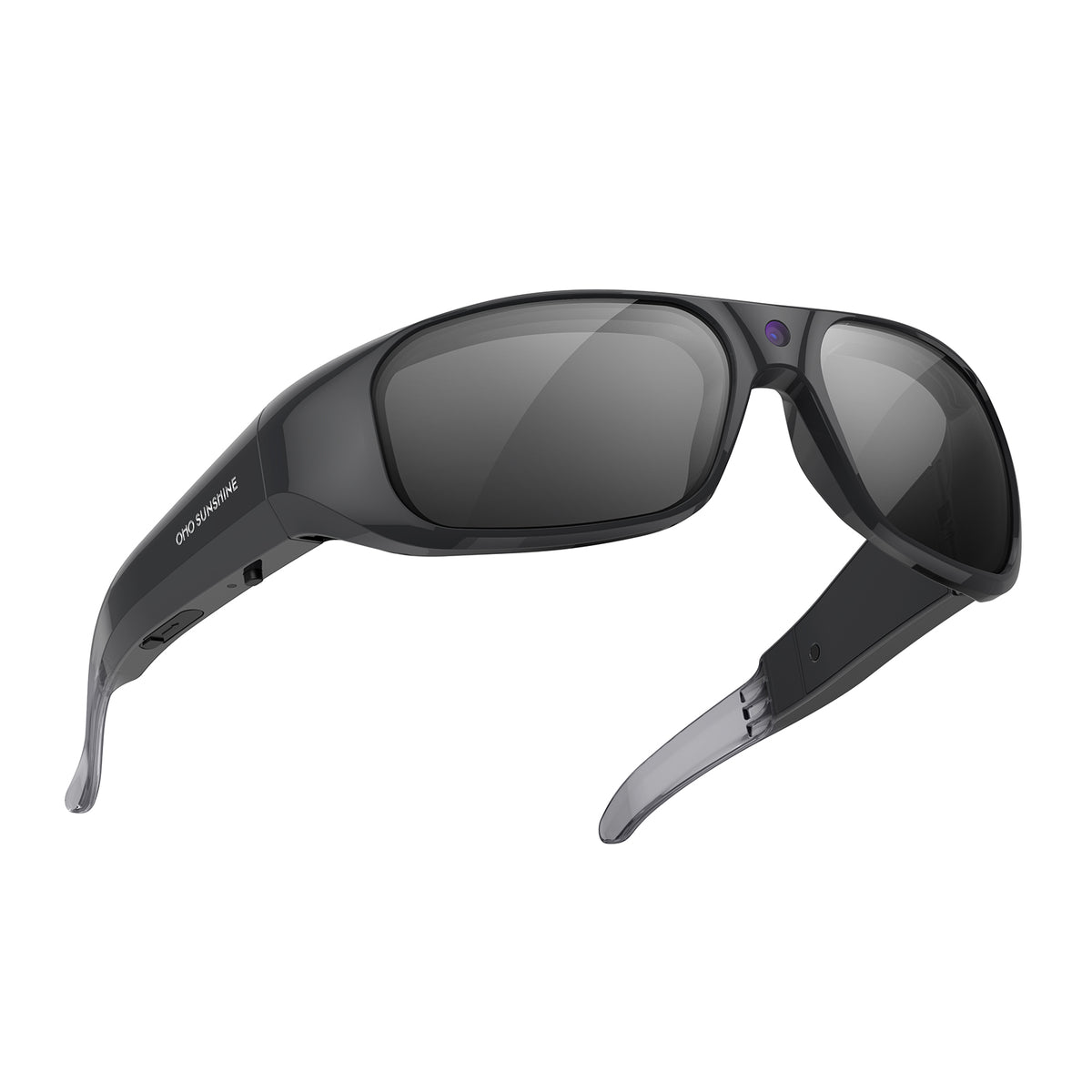 Black OHO SUNSHINE camera glasses with dark lenses and built-in lens camera