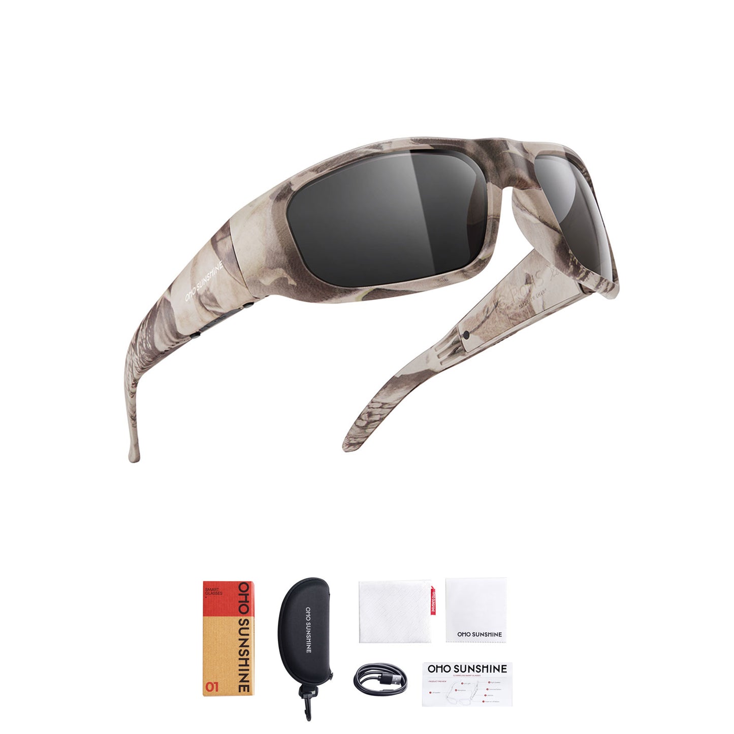 Occhiali intelligenti OhO Sunshine Pulse con altoparlante Bluetooth e audio aperto con montatura mimetica per avventure all'aria aperta