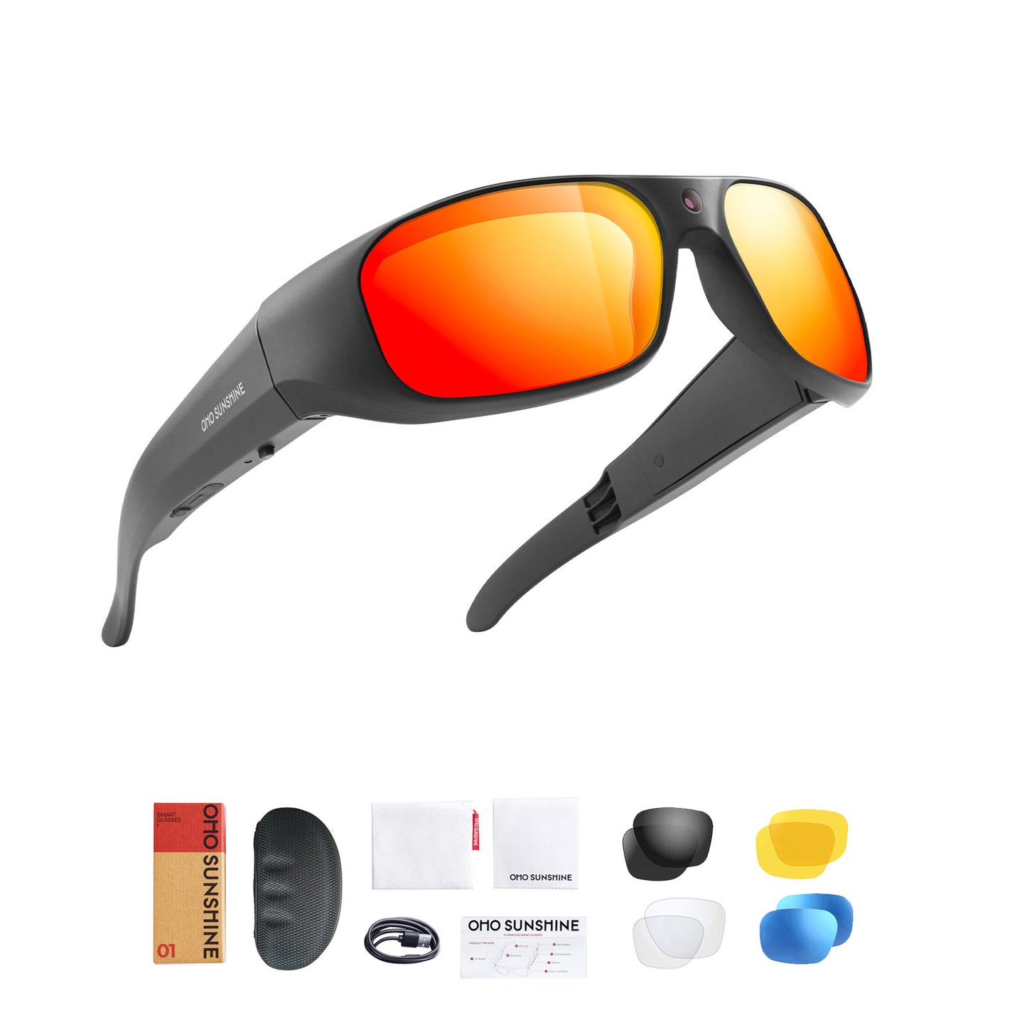 Occhiali da sole OhO Sunshie Brave 4K con fotocamera, memoria da 512 GB e lenti rosse a specchio UV400