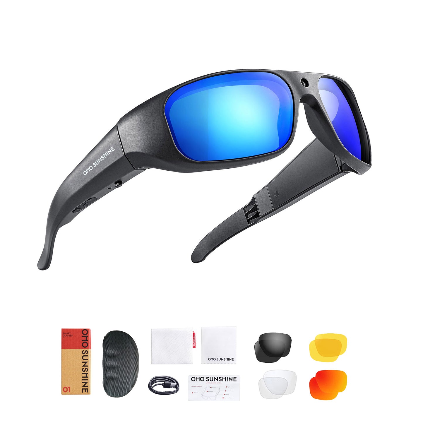 Occhiali da sole OhO Sunshie Brave 4K con videocamera, registrazione video Ultra HD, lenti polarizzate blu UV400