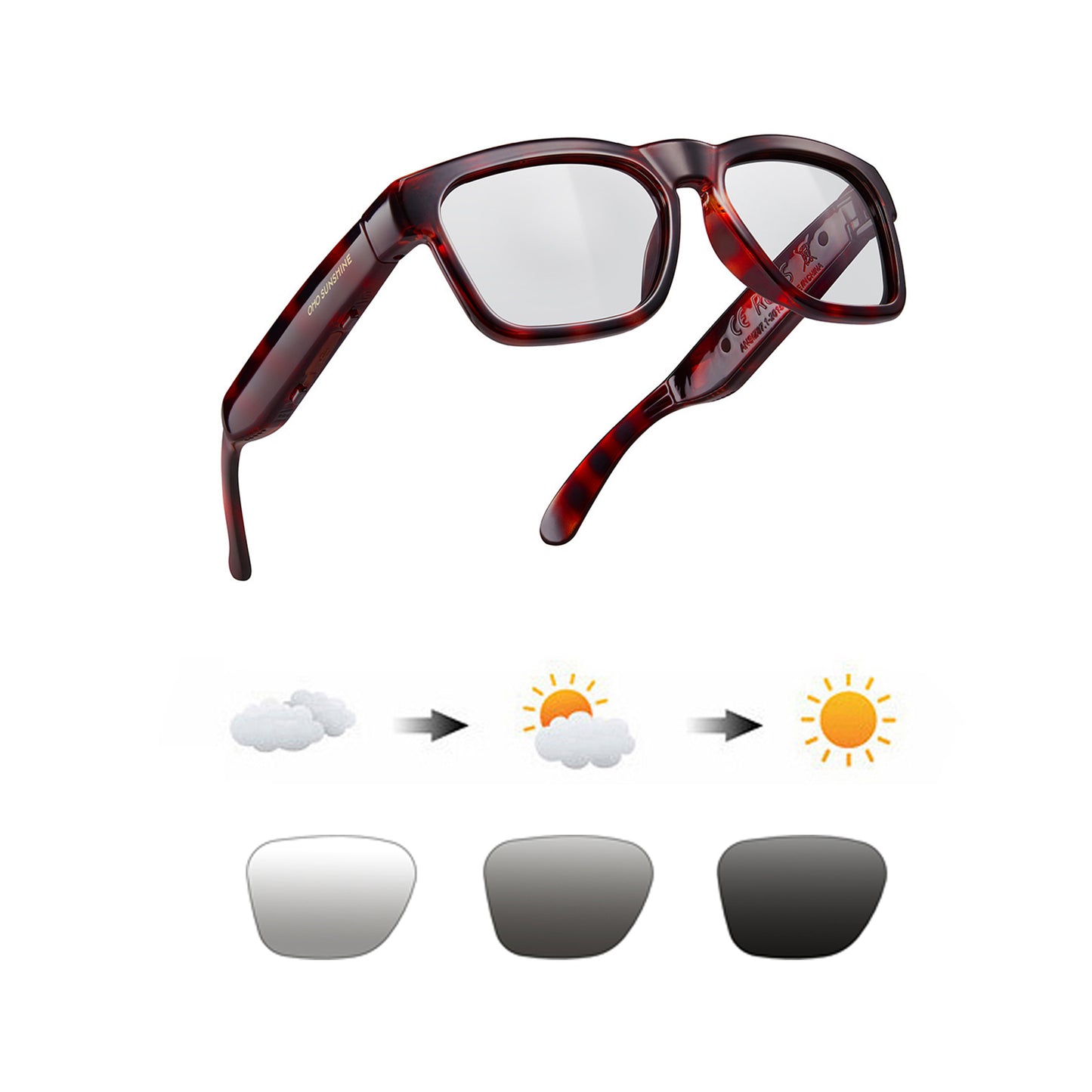Occhiali OhO Sunshine Elite Smart Audio Bluetooth con lenti fotocromatiche UV400 per sole e cielo nuvoloso