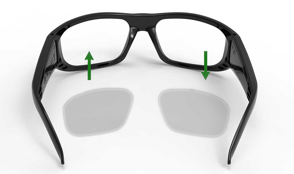 Black sport glasses frame with interchangeable lenses and insertion arrows
