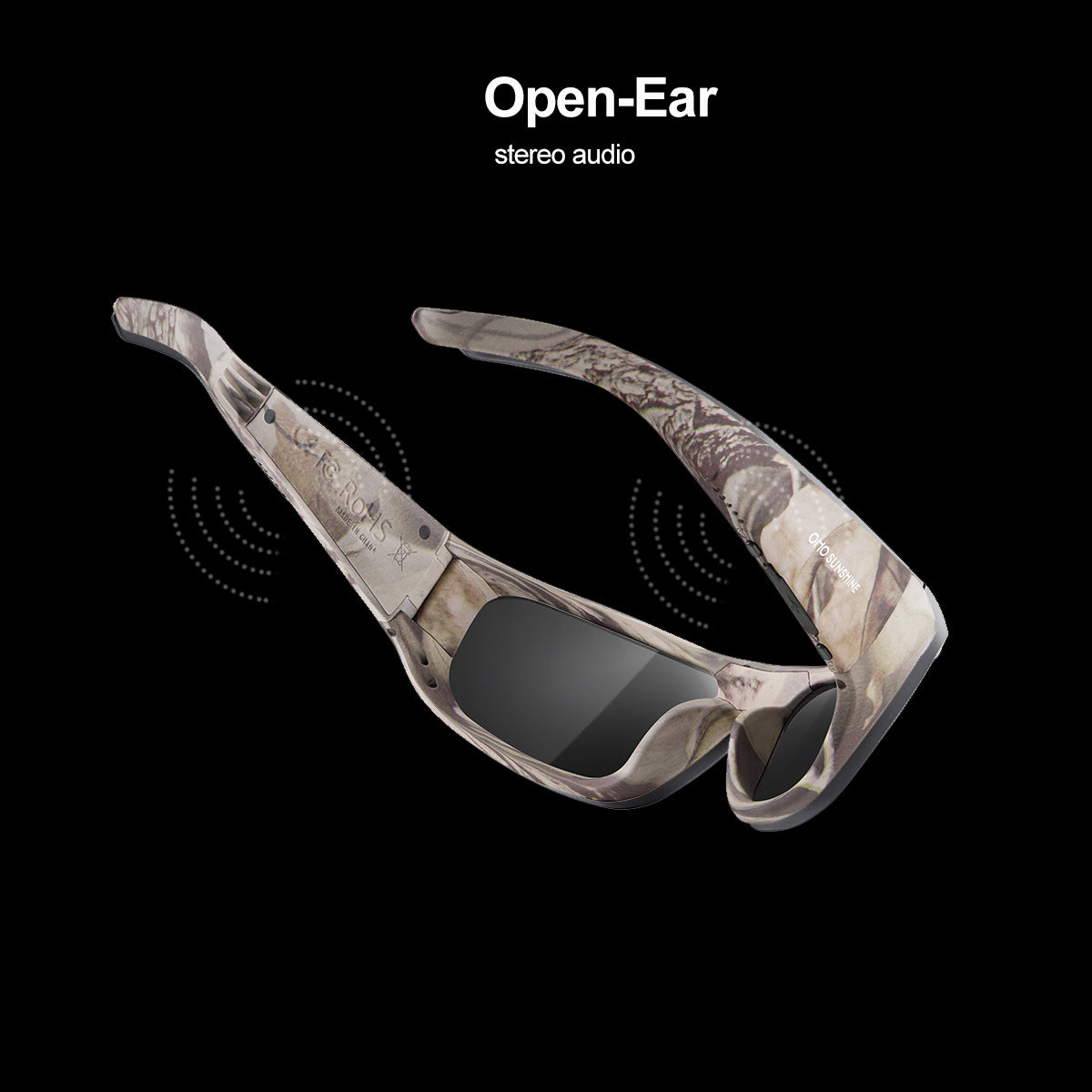 Occhiali intelligenti OhO Sunshine Pulse con altoparlante Bluetooth e audio aperto con montatura mimetica per avventure all'aria aperta