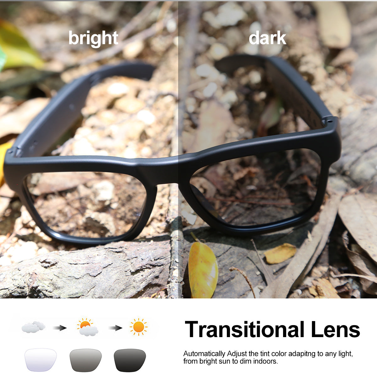 OhO Sunshine Elite Smart Bluetooth Audio Glasses with UV400 Photochromic Lens Suitable for Dark and Light